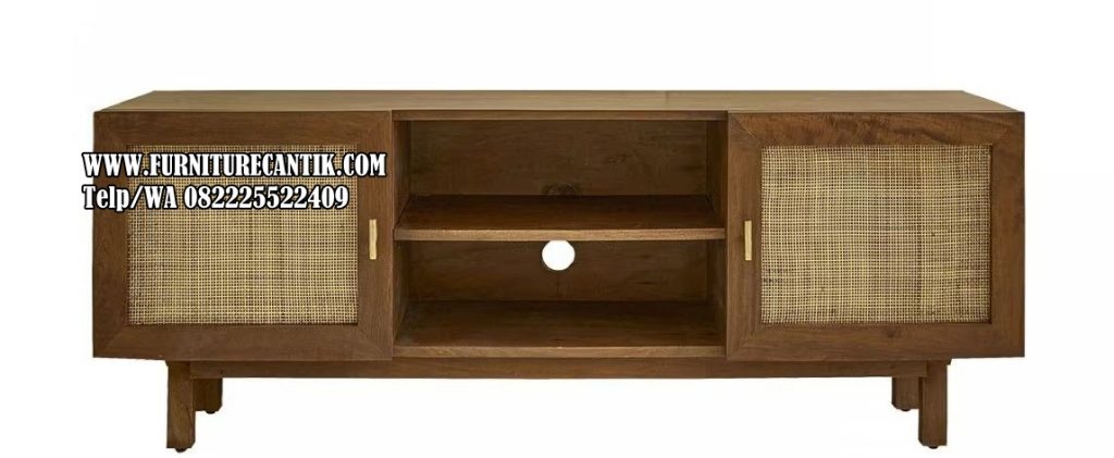 Meja TV Kayu Jati Modern Kombinasi Rotan